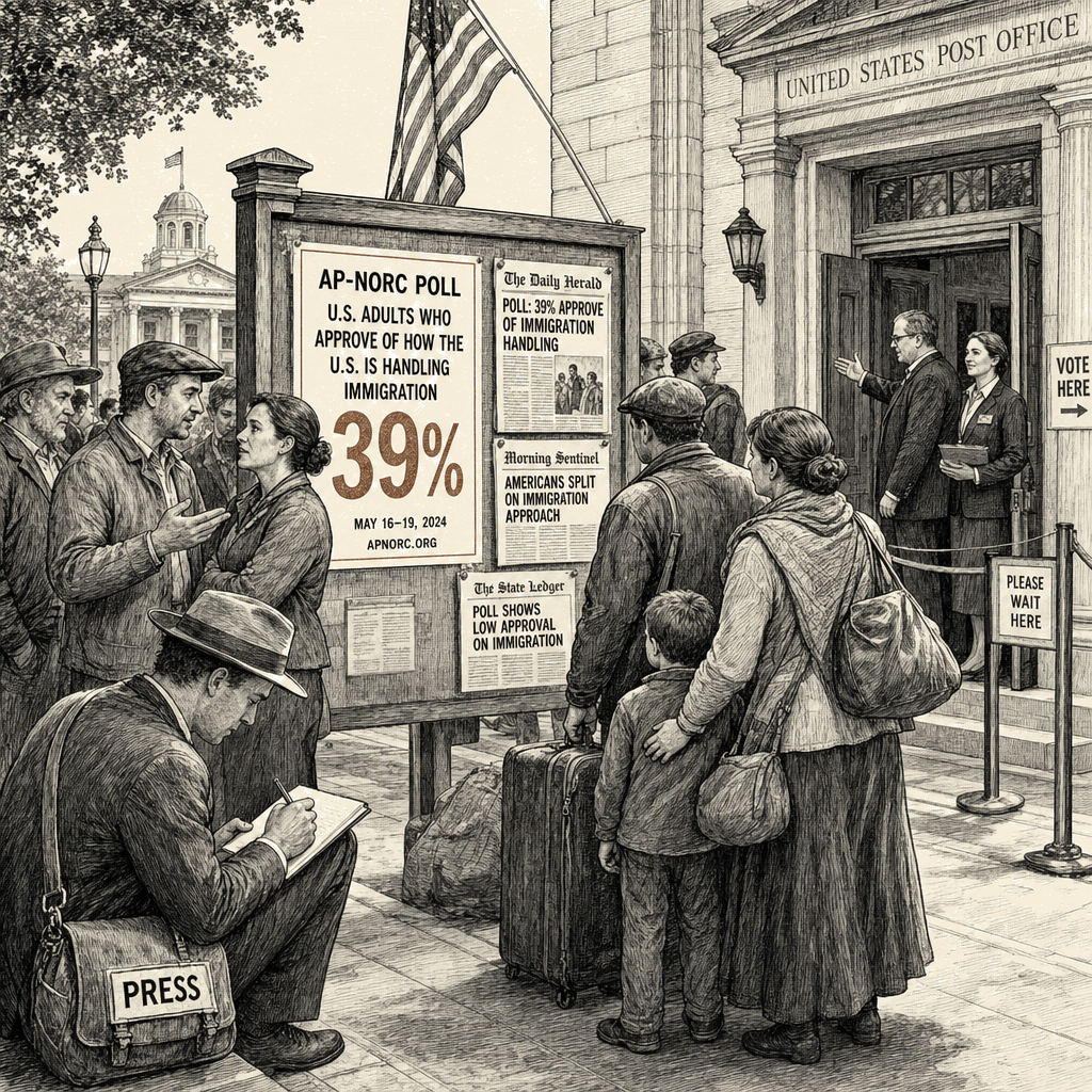 Illustration accompanying article: Trump's immigration approval falls to 39% in AP-NORC poll