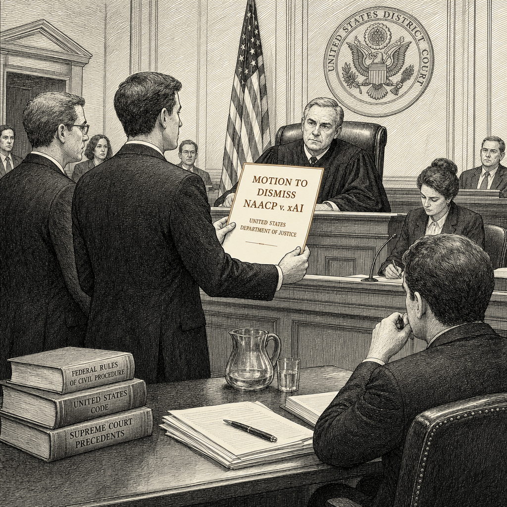 Illustration accompanying article: Justice Department asks judge to dismiss NAACP lawsuit against xAI