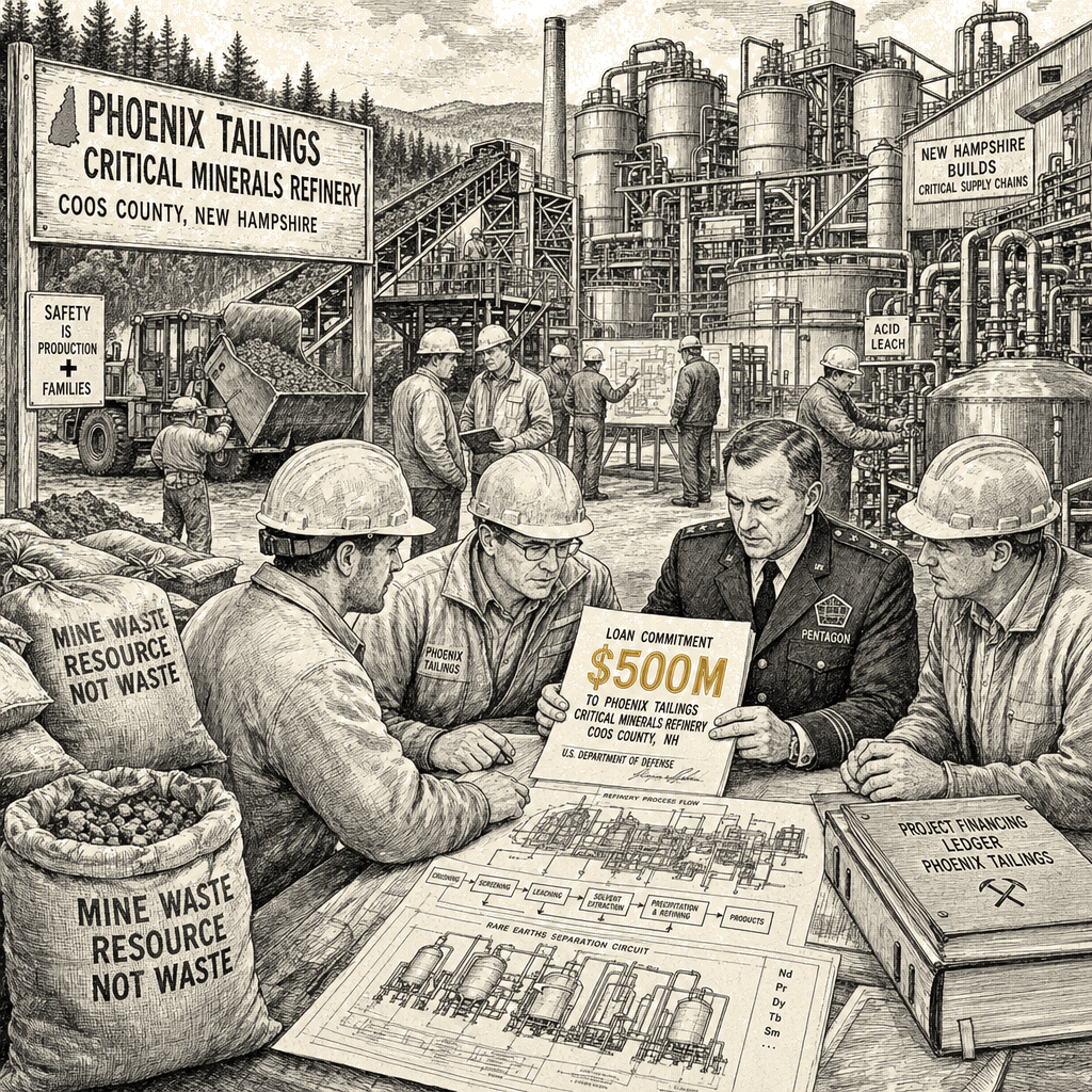 Illustration accompanying article: Pentagon backs New Hampshire refinery with $500M loan for critical minerals
