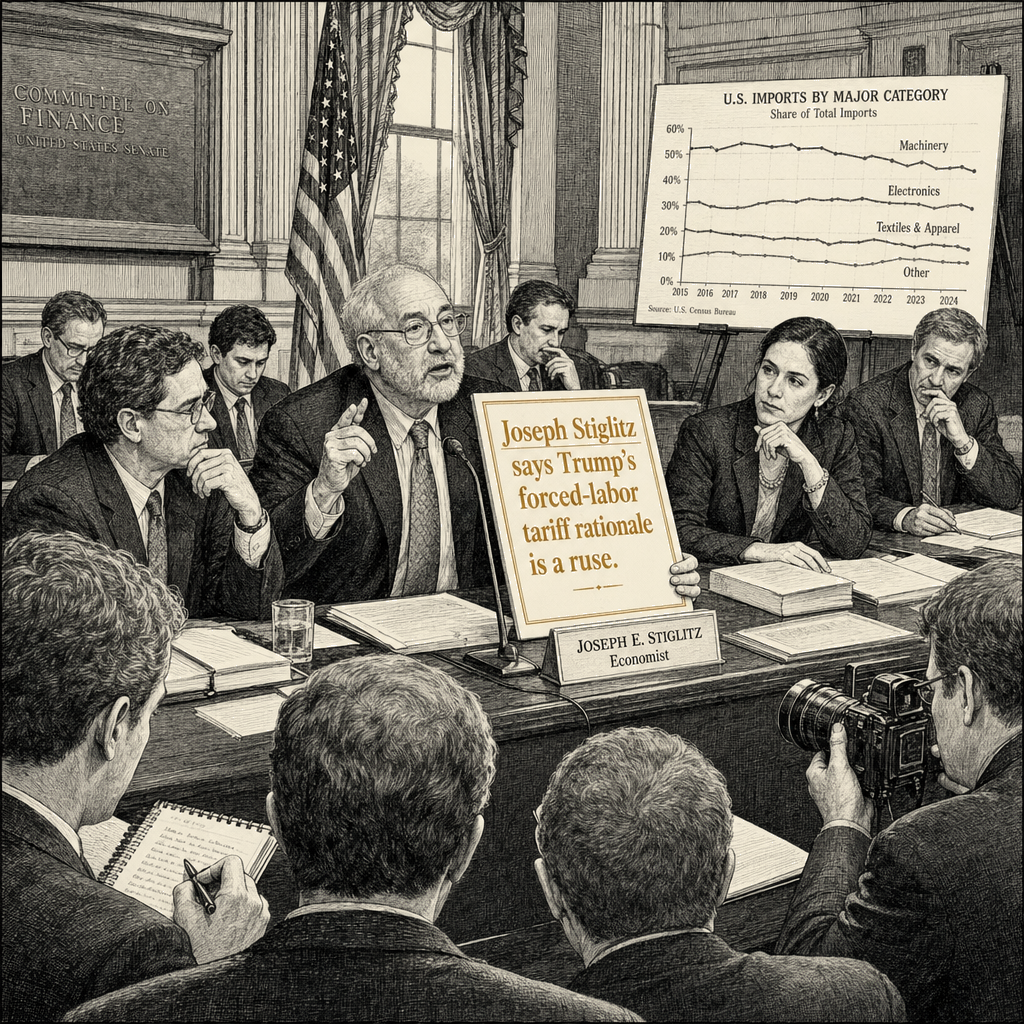 Illustration accompanying article: Stiglitz says Trump's forced-labor tariff rationale is a ruse