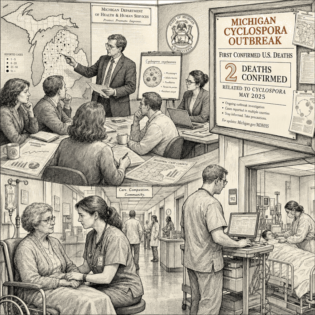 Illustration accompanying article: Two die in Michigan cyclospora outbreak, marking first US deaths