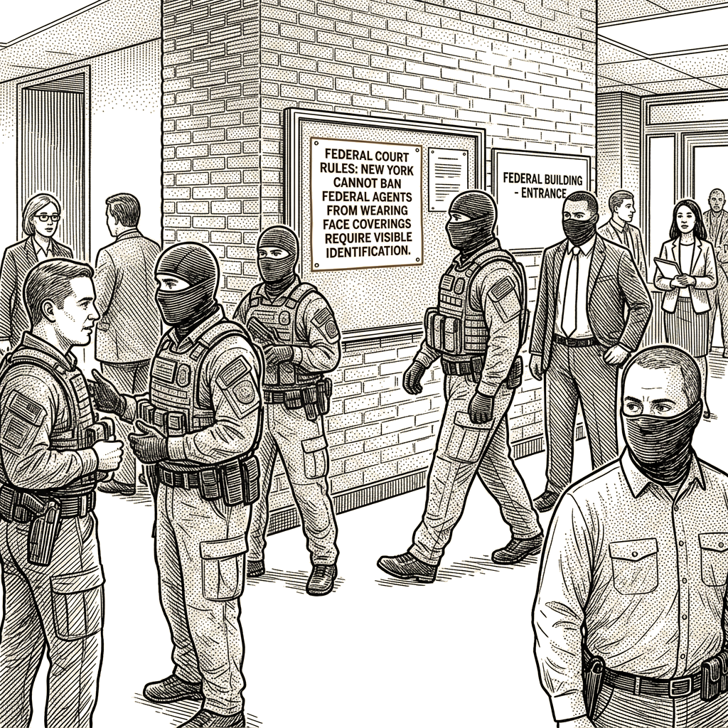 Illustration accompanying article: Federal judge strikes New York limits on agents' masks and ID