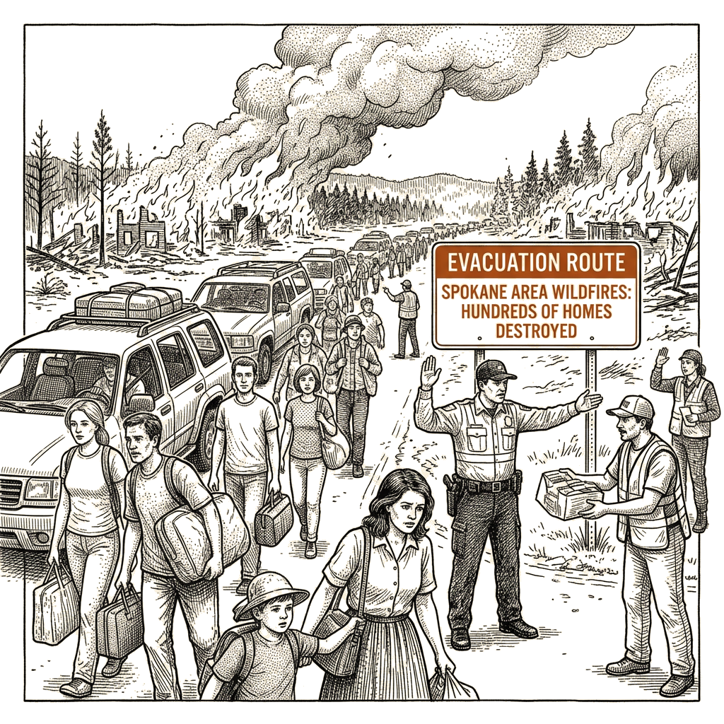 Illustration accompanying article: Spokane-area wildfires destroy hundreds of homes, force 60,000 to evacuate