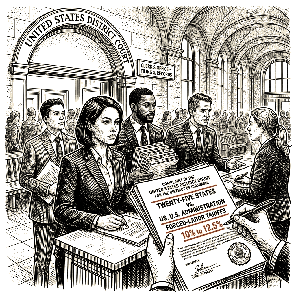Illustration accompanying article: Twenty-five states sue Trump administration over forced-labor tariffs