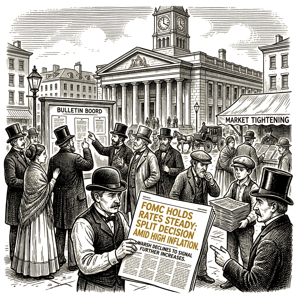Illustration accompanying article: Warsh points to market tightening as FOMC holds rates despite inflation