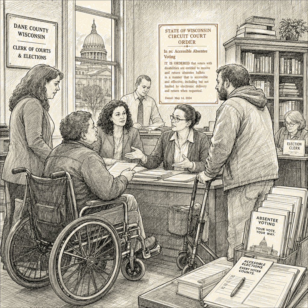 Illustration accompanying article: Wisconsin judge finds absentee voting discriminates against disabled voters