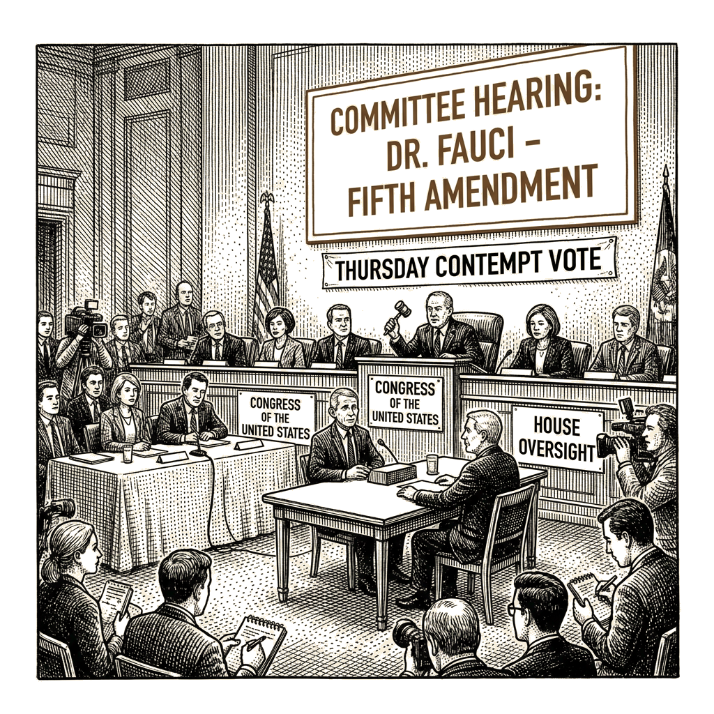 Illustration accompanying article: Fauci faces Thursday contempt vote over Fifth Amendment refusal
