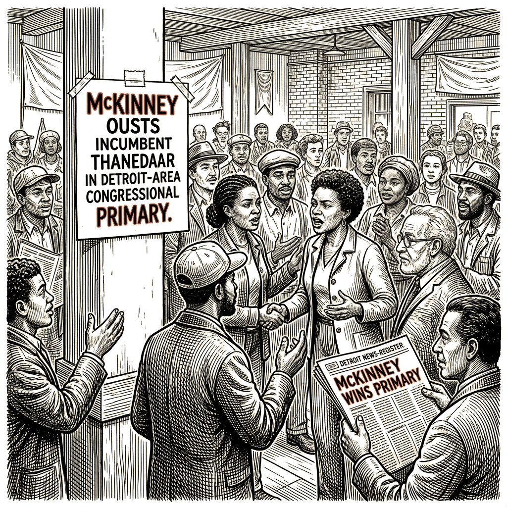 Illustration accompanying article: McKinney ousts incumbent Thanedar in Detroit-area congressional primary