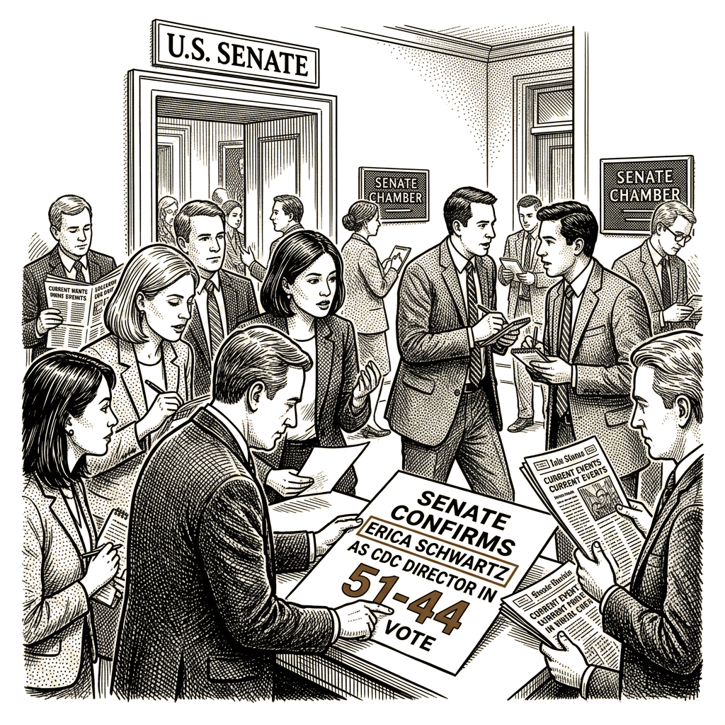 Illustration accompanying article: Senate confirms Erica Schwartz as CDC director in 51-44 vote
