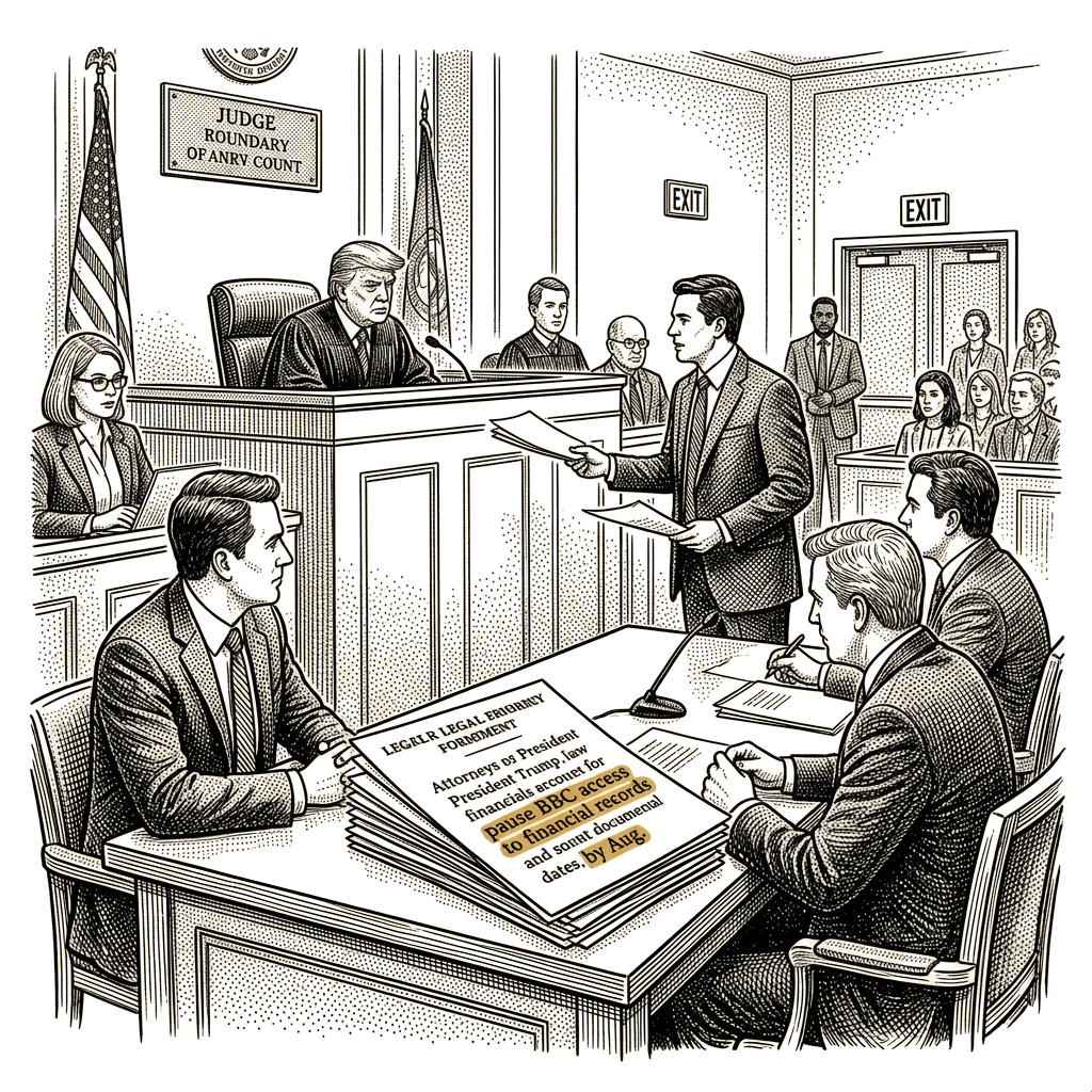 Illustration accompanying article: Trump attorneys ask court to pause BBC access to financial records