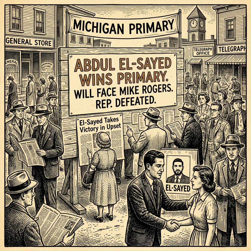 Illustration accompanying article: Abdul El-Sayed wins Michigan primary, will face Mike Rogers