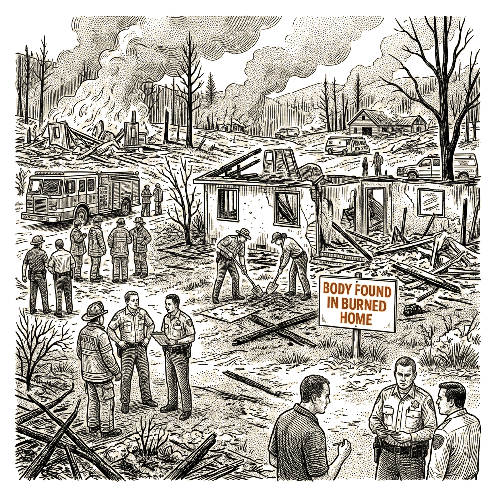 Illustration accompanying article: California wildfire destroys seven structures; body found in burned home