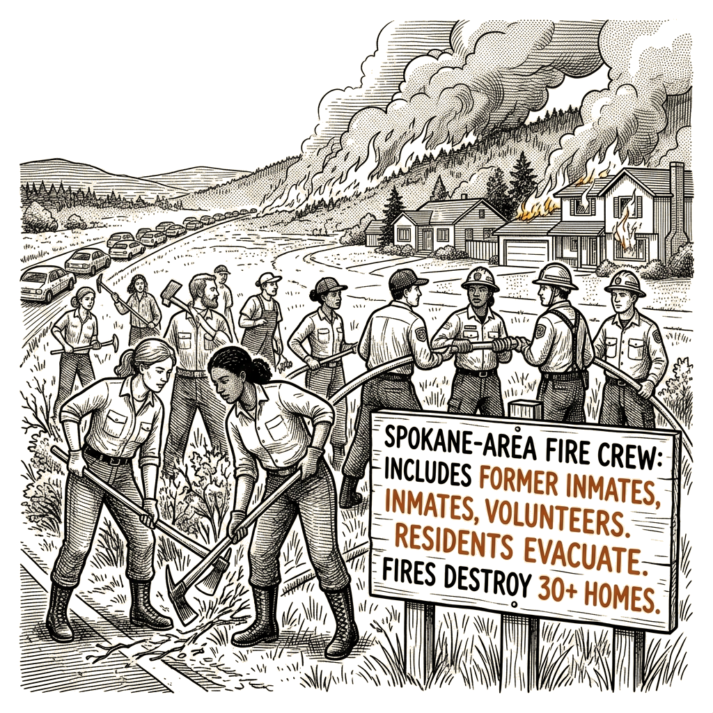 Illustration accompanying article: Former inmates join crews fighting Spokane-area wildfires