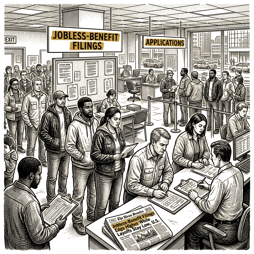 Illustration accompanying article: Jobless-benefit filings edge higher while layoffs stay low
