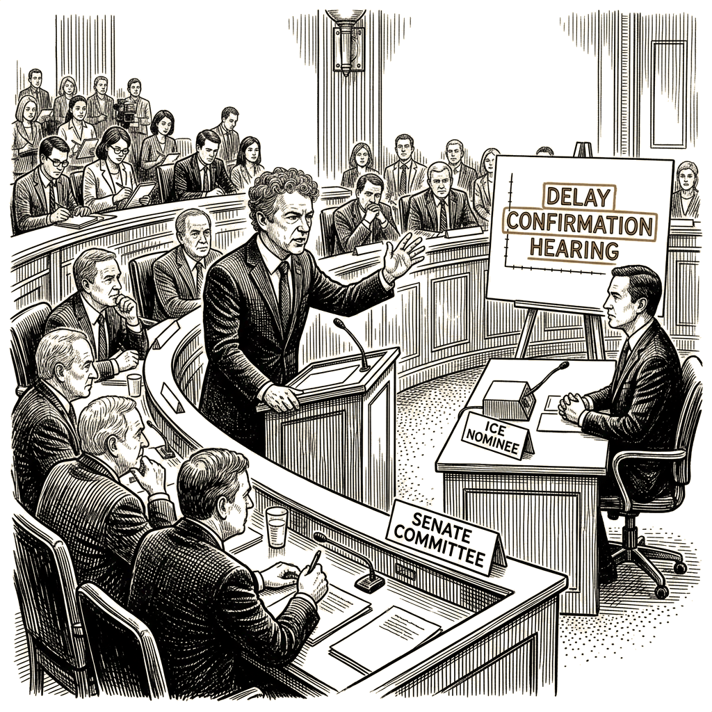 Illustration accompanying article: Rand Paul threatens to delay confirmation hearing for ICE nominee