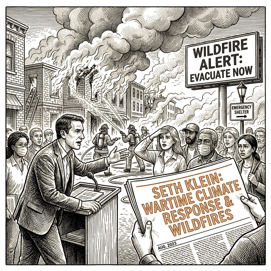 Illustration accompanying article: Seth Klein urges wartime climate response as wildfires spread