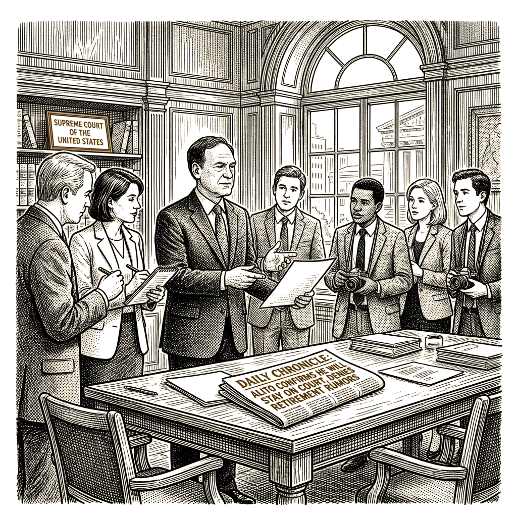 Illustration accompanying article: Alito says political partisanship does not affect his decisions