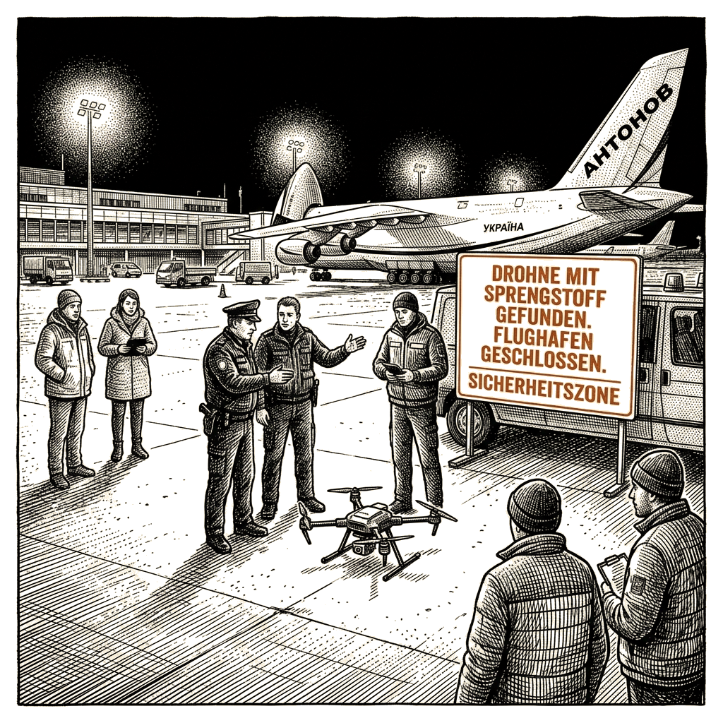 Illustration accompanying article: Armed drone found at German airport near Ukrainian jet traced to Russia