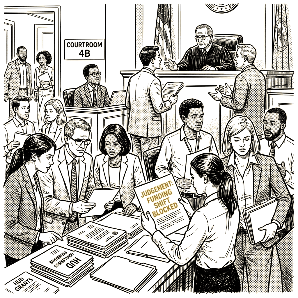 Illustration accompanying article: Federal judge blocks HUD's homelessness funding shift