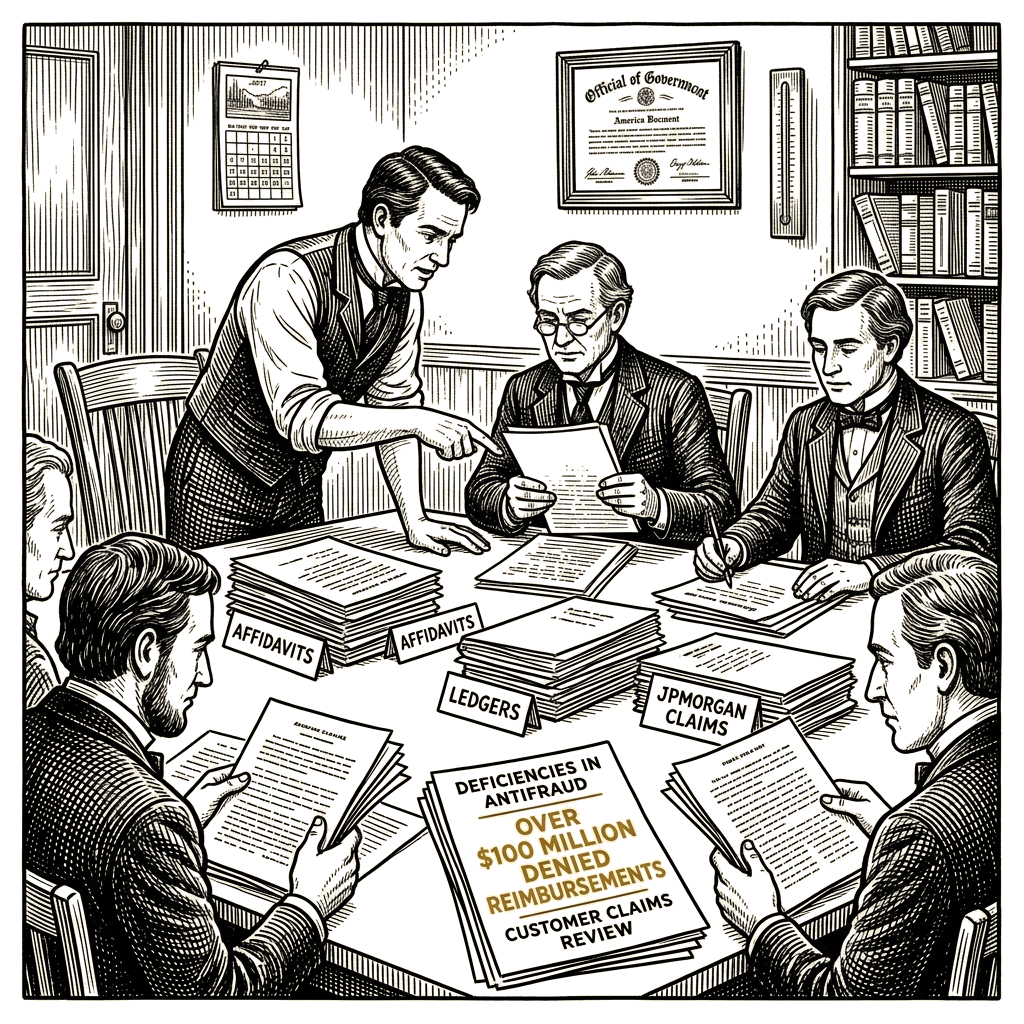 Illustration accompanying article: Federal prosecutors review claims about JPMorgan fraud reimbursements