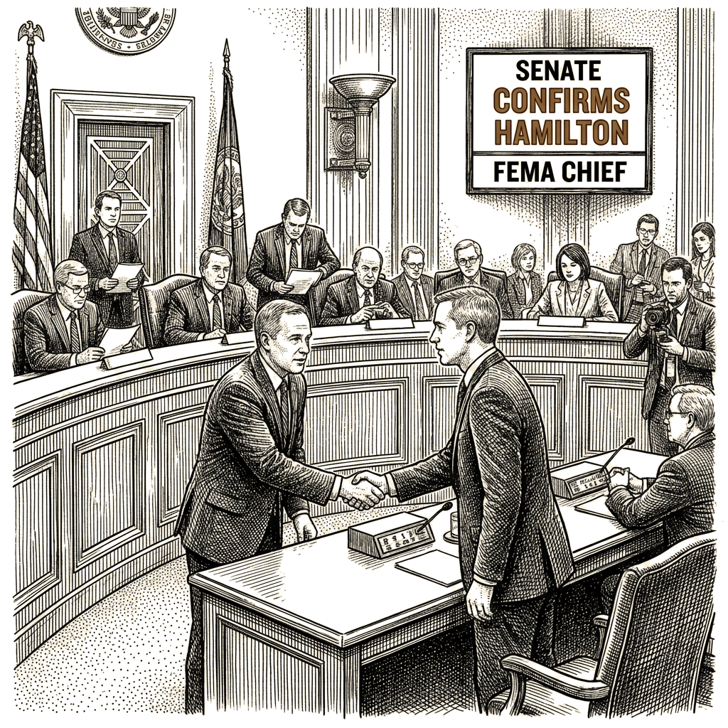 Illustration accompanying article: Senate confirms Cameron Hamilton as FEMA chief