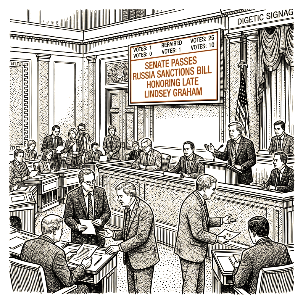 Illustration accompanying article: Senate passes Russia sanctions bill honoring late Lindsey Graham
