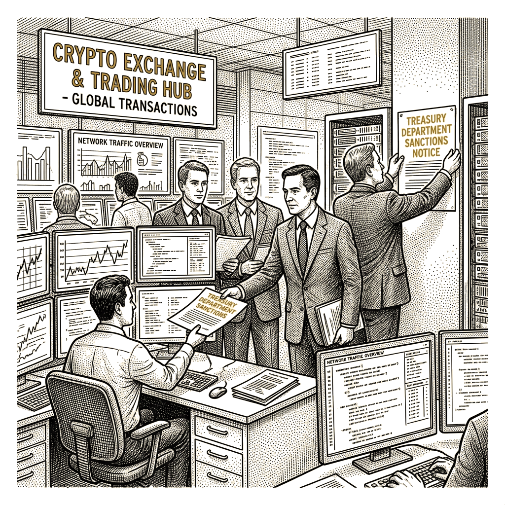 Illustration accompanying article: Treasury sanctions crypto exchanges it says fund Iran's military
