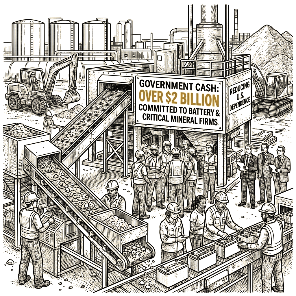 Illustration accompanying article: Trump administration commits $2 billion to battery, mineral firms