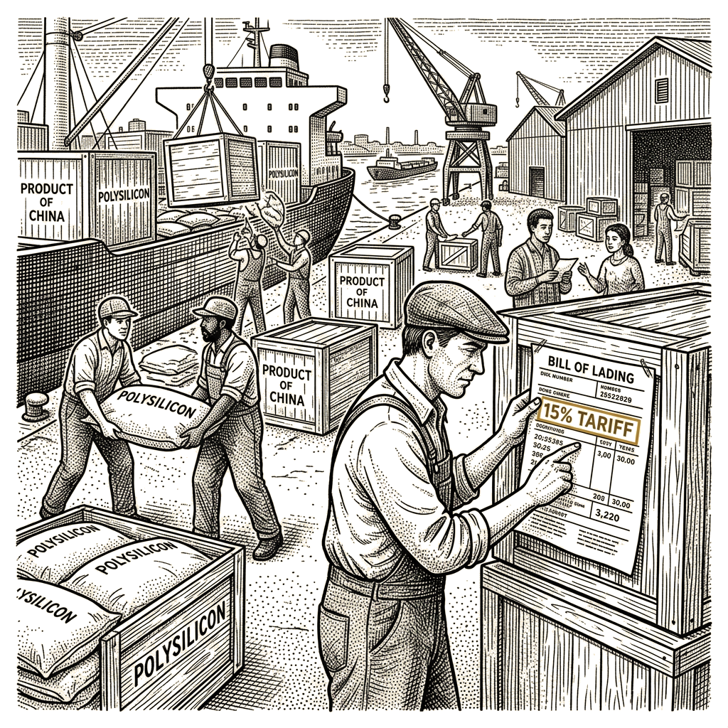Illustration accompanying article: Trump orders 15% tariff on polysilicon used in chips, solar panels