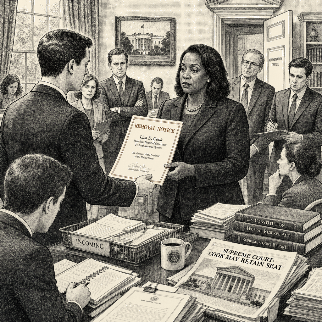Illustration accompanying article: Trump sends Cook new removal notice despite Supreme Court ruling