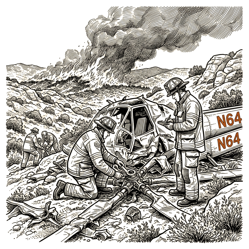 Illustration accompanying article: Two firefighters aboard Sikorsky S-64 crash in central Utah