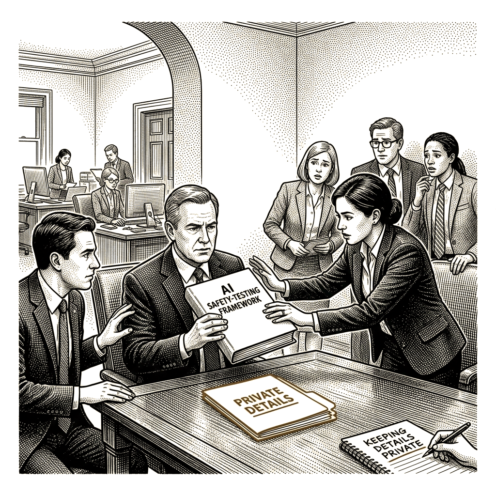 Illustration accompanying article: White House keeps AI safety-testing framework details private