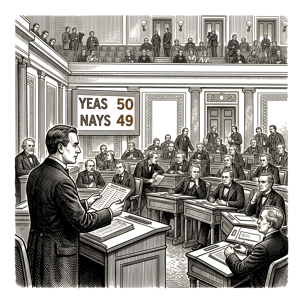 Illustration accompanying article: Senate confirms Todd Blanche as attorney general in 50-49 vote