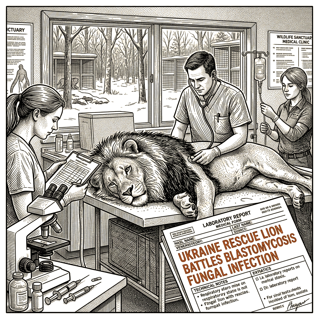 Illustration accompanying article: Ukraine war rescue lion battles rare fungal disease in Minnesota