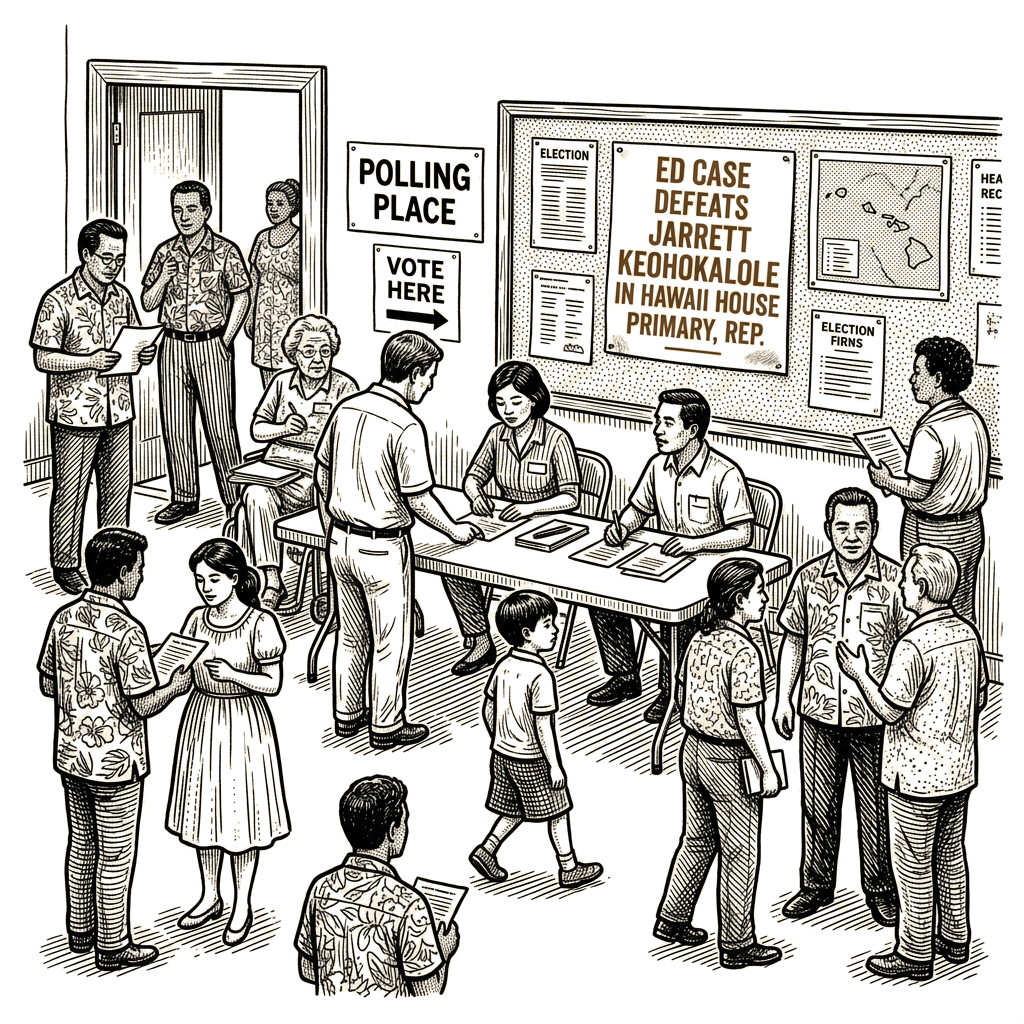 Illustration accompanying article: Ed Case defeats Jarrett Keohokalole in Hawaii House primary