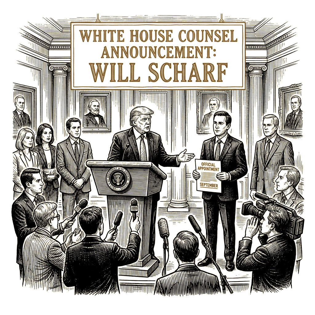 Illustration accompanying article: Trump names Scharf as White House counsel