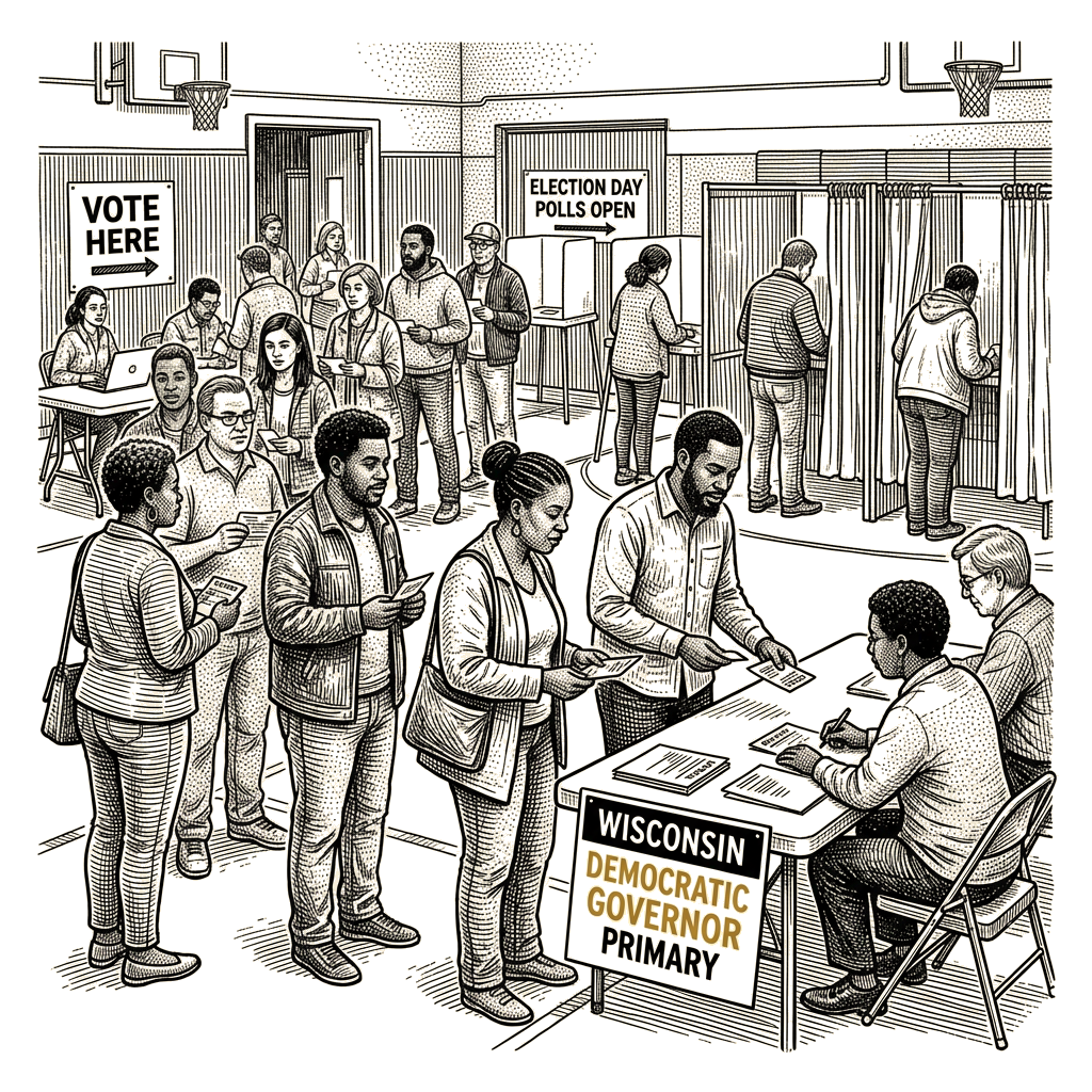Illustration accompanying article: Hong leads Wisconsin Democratic governor primary as polls open Tuesday