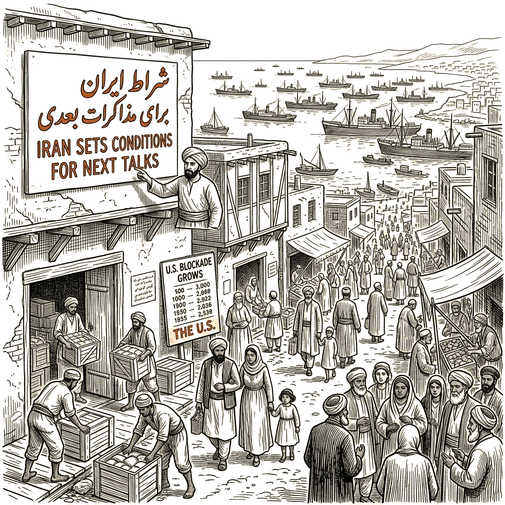 Illustration accompanying article: Iran sets condition for next talks as U.S. blockade grows to 55 ships