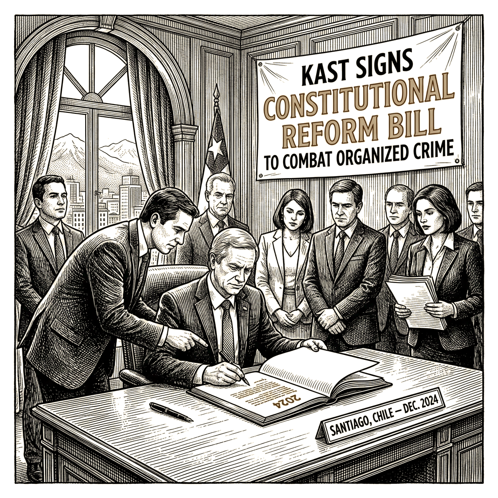 Illustration accompanying article: Kast signs constitutional reform bill to combat organized crime