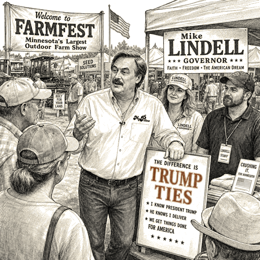 Illustration accompanying article: Lindell leans on Trump ties in Minnesota governor primary