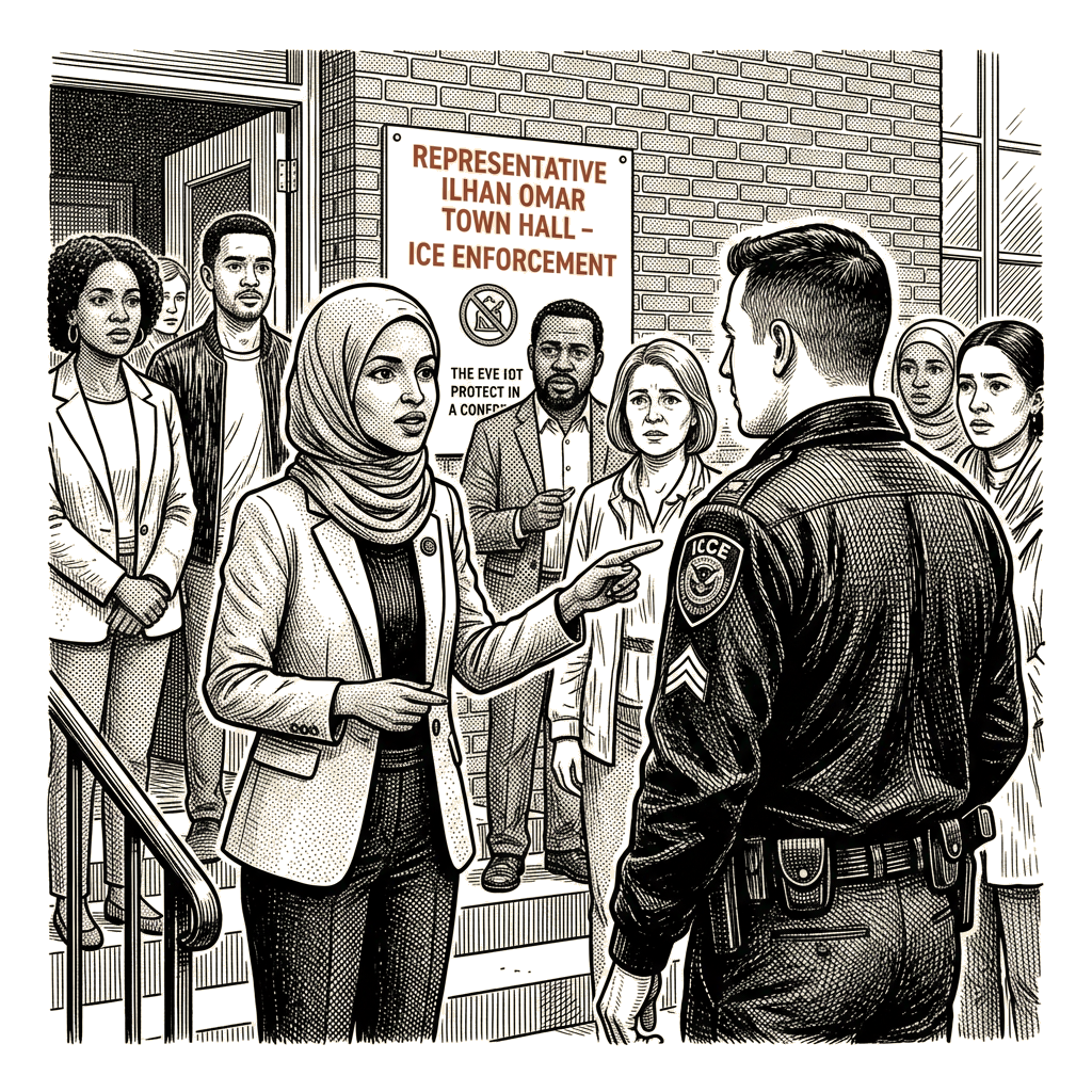 Illustration accompanying article: Omar demands answers after ICE agent appeared outside her town hall