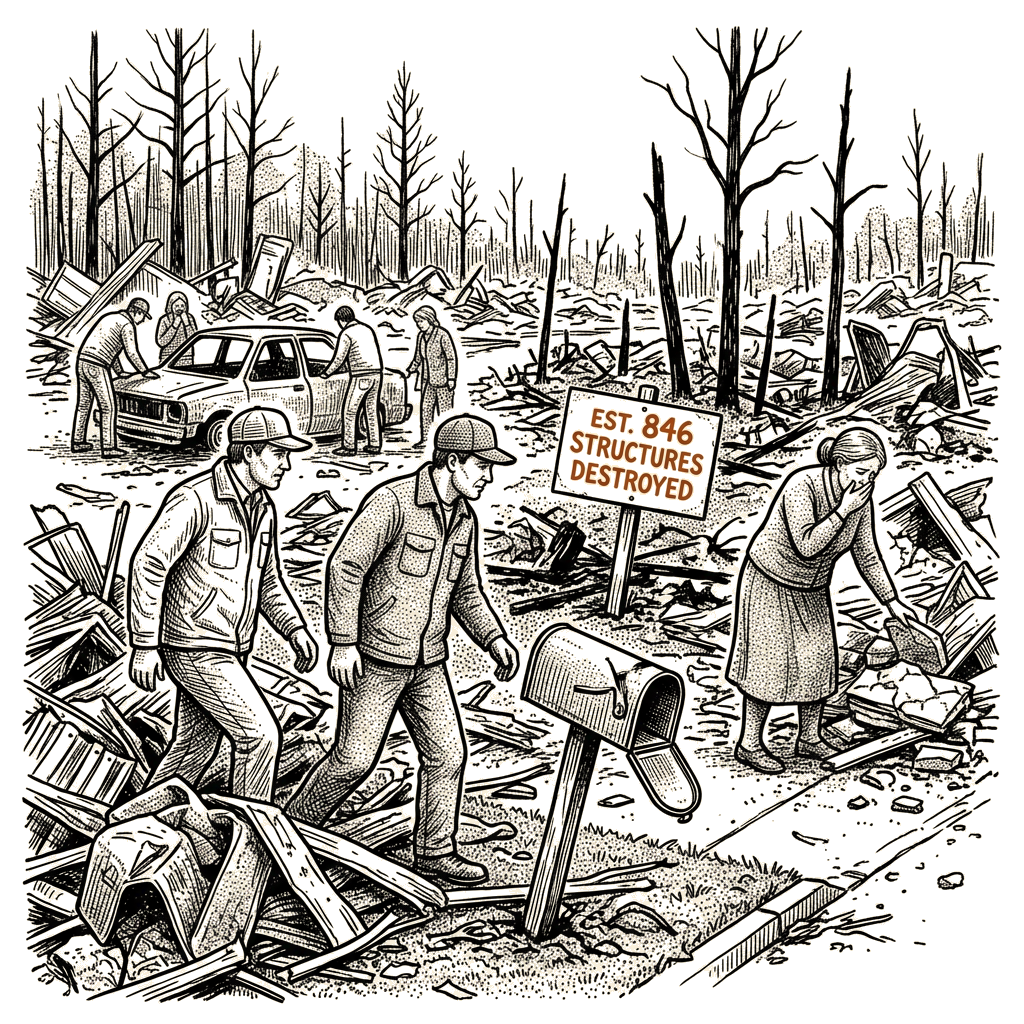 Illustration accompanying article: Pacific north-west wildfires burn 2.9m acres, destroy 846 structures