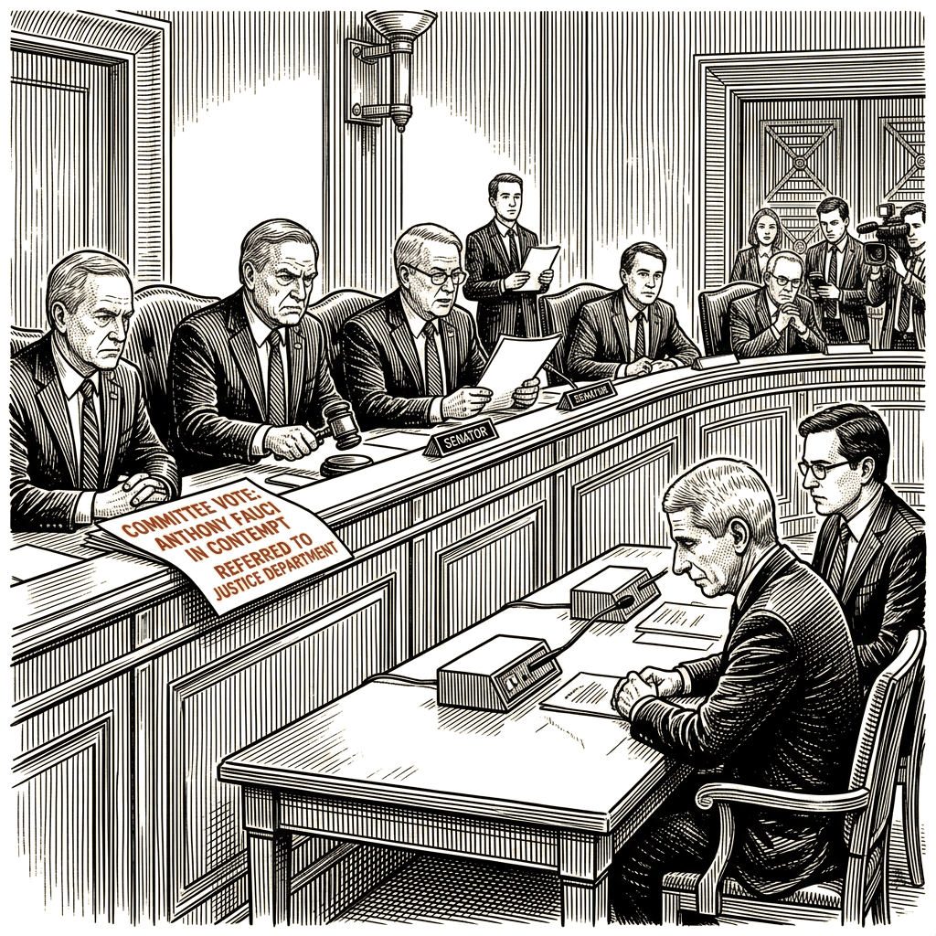 Illustration accompanying article: Senate committee holds Fauci in contempt, refers matter to Justice Department