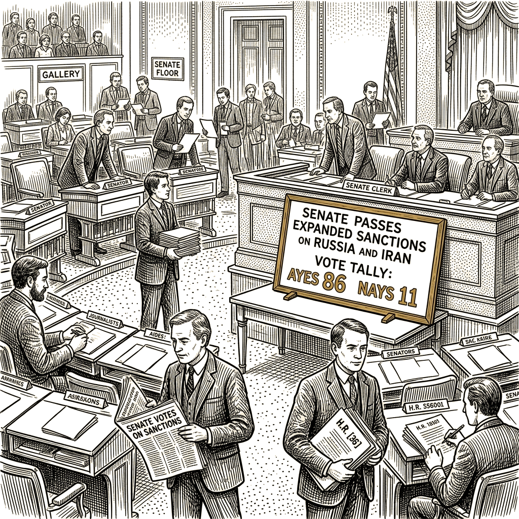 Illustration accompanying article: Senate passes expanded Russia, Iran sanctions bill on 86-11 vote