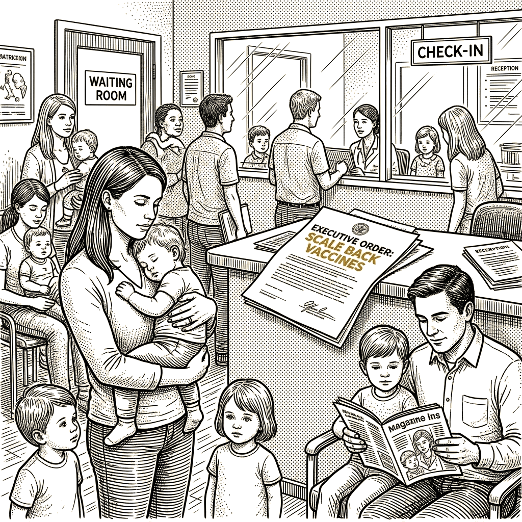 Illustration accompanying article: Trump signs order seeking to scale back childhood vaccines