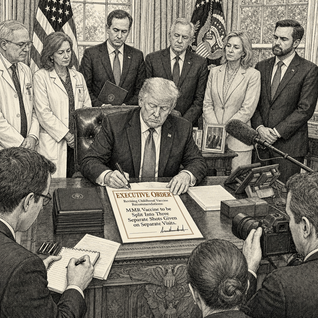 Illustration accompanying article: Trump to sign order calling for MMR vaccine split