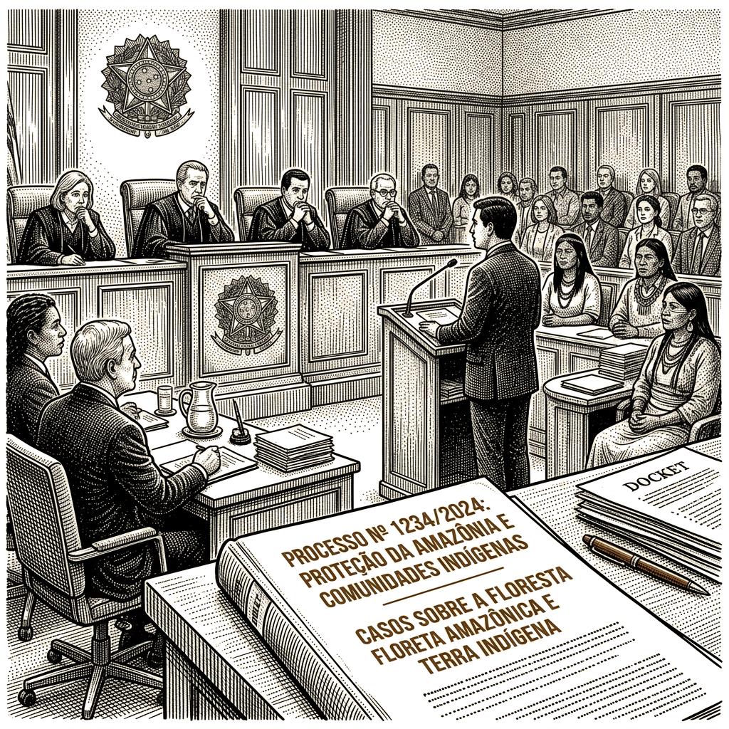 Illustration accompanying article: Brazil's Supreme Court weighs cases that could reshape Amazon protections