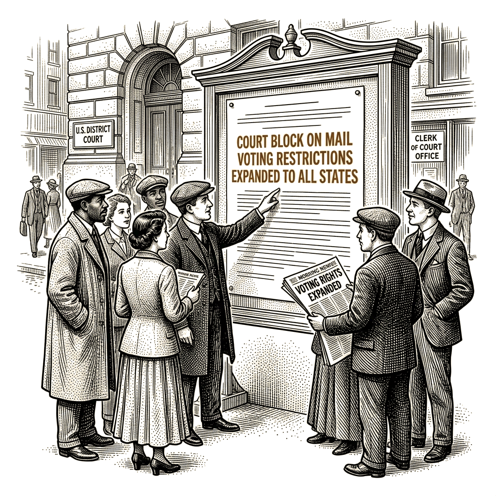 Illustration accompanying article: Federal judge widens block on Trump mail voting order to all states