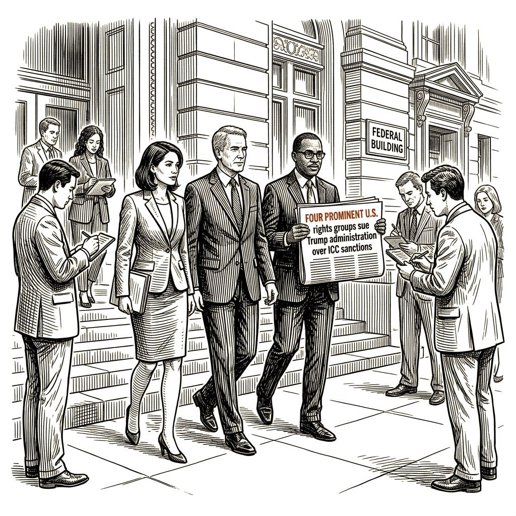Illustration accompanying article: Four rights groups sue Trump administration over ICC sanctions