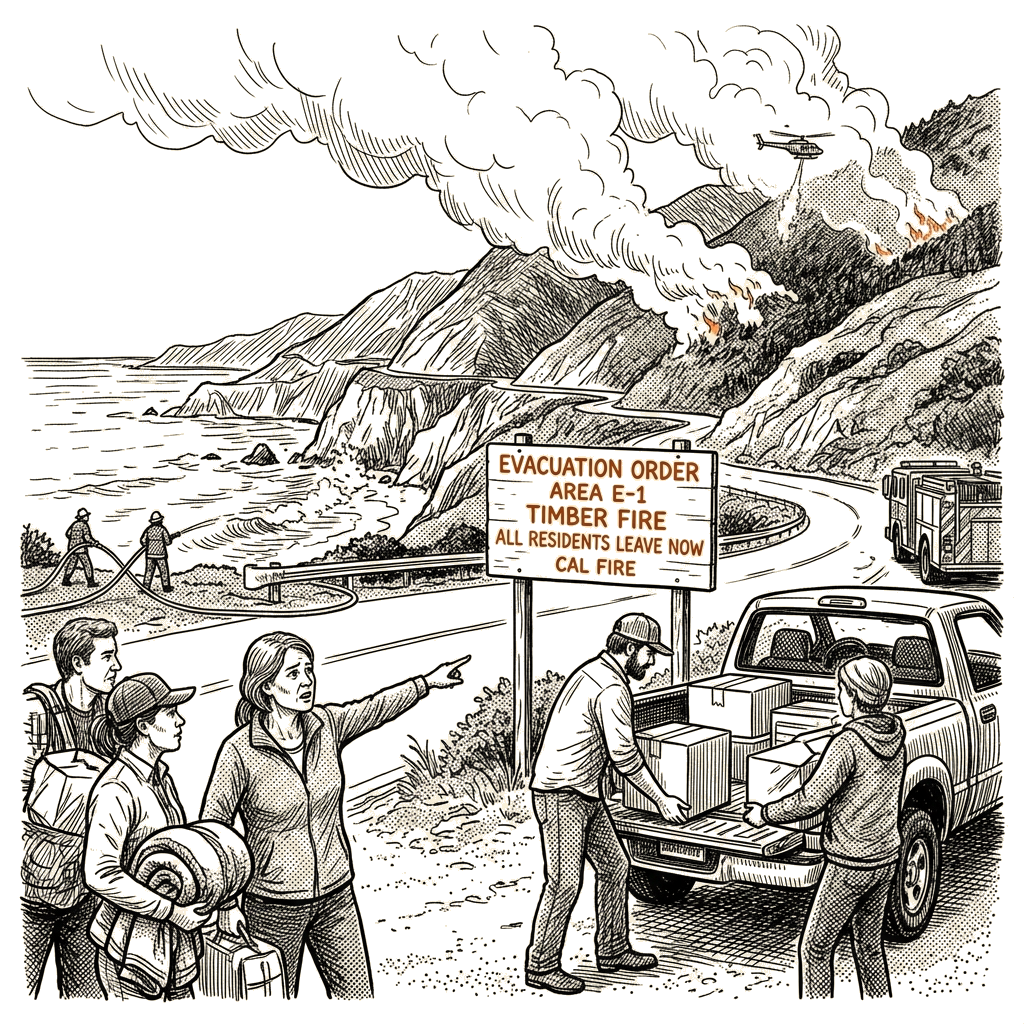 Illustration accompanying article: Timber fire in Big Sur grows past 1,700 acres, forcing evacuations